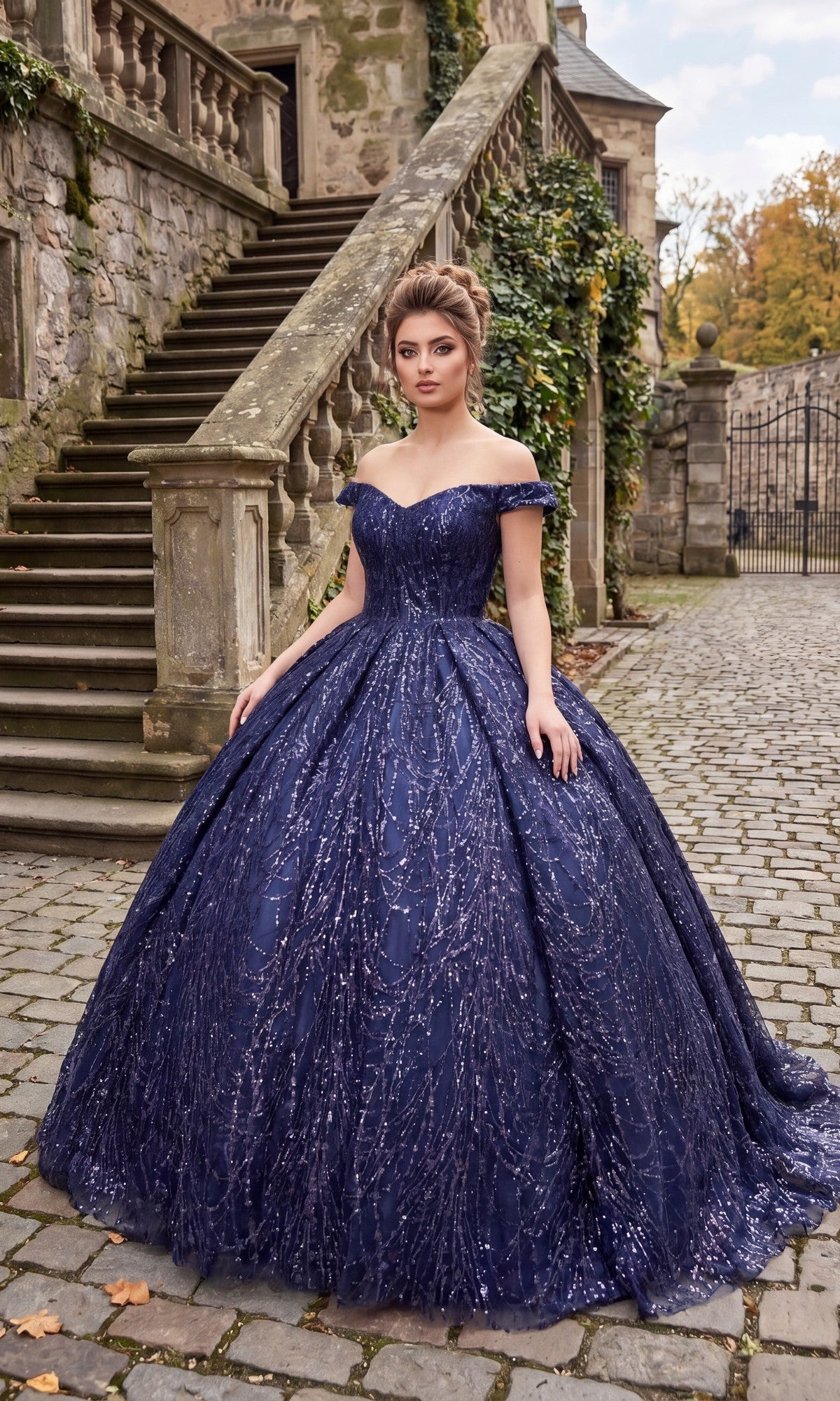 A woman stands on a cobblestone path in front of stone stairs, wearing the Quinceanera Dress BT9013 By Chicas in navy, featuring glittering embellishments and an elegant off-the-shoulder neckline.